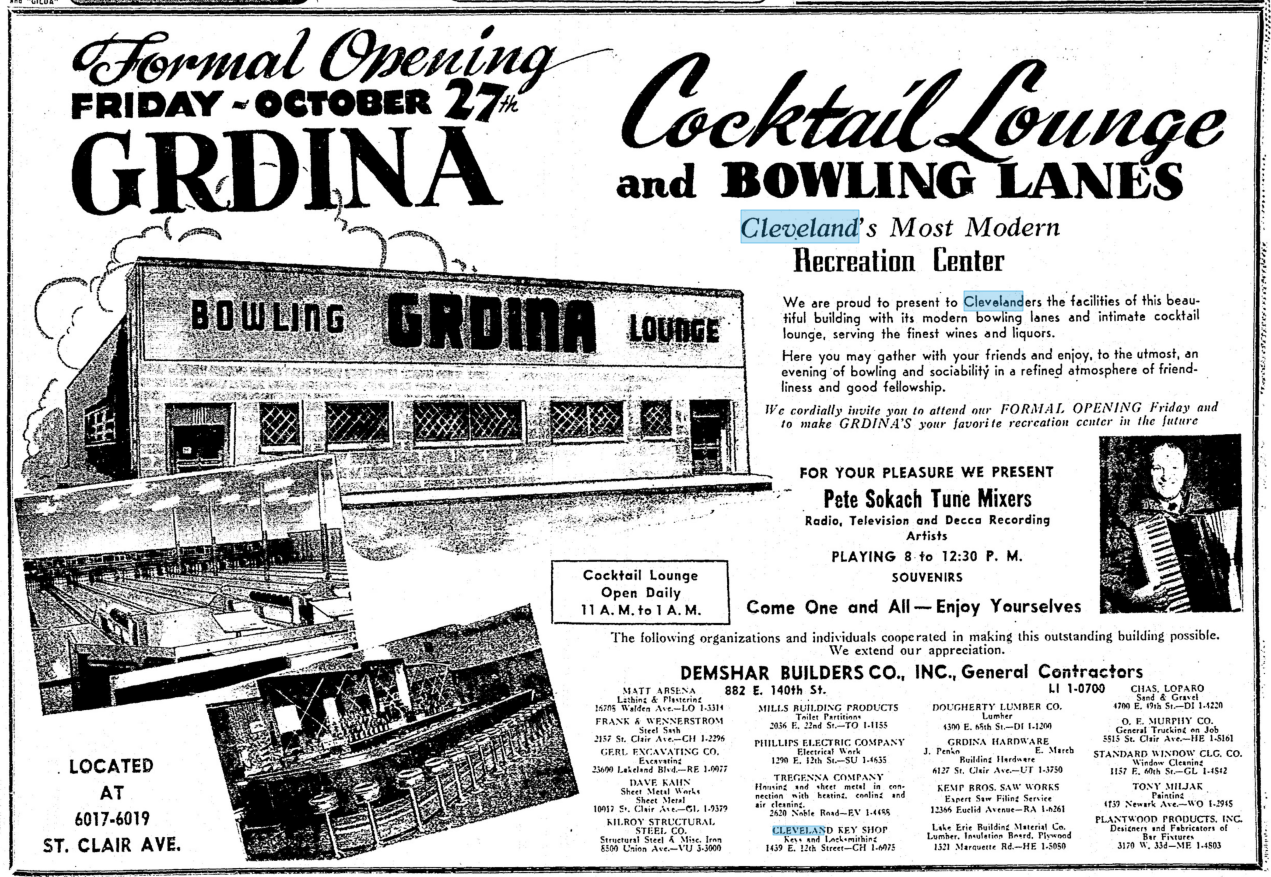 Newspaper advertisement for the Grdina Recreation Center grand opening